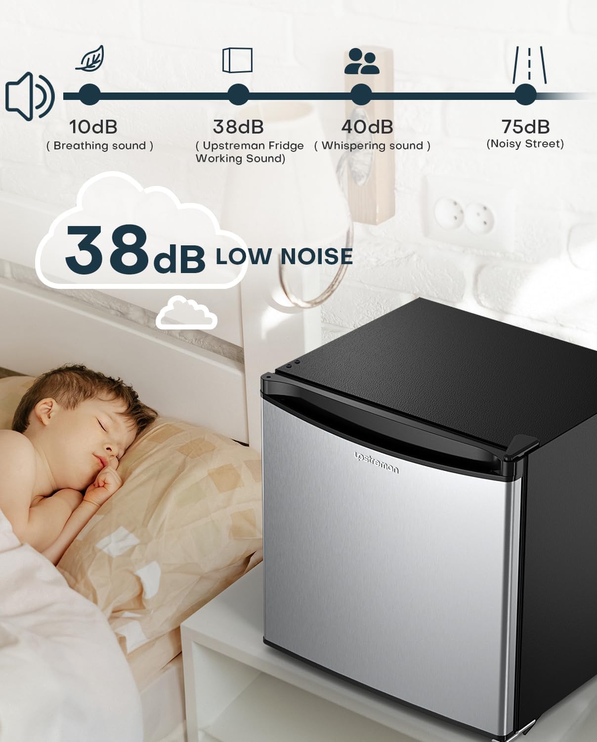 Upstreman 1.7 Cu.ft Mini Fridge with Freezer, Dorm Essentials, Adjustable Thermostat, Energy Saving, Low Noise, Single Door Compact Refrigerator for Dorm, Office, Bedroom, Black-FR17